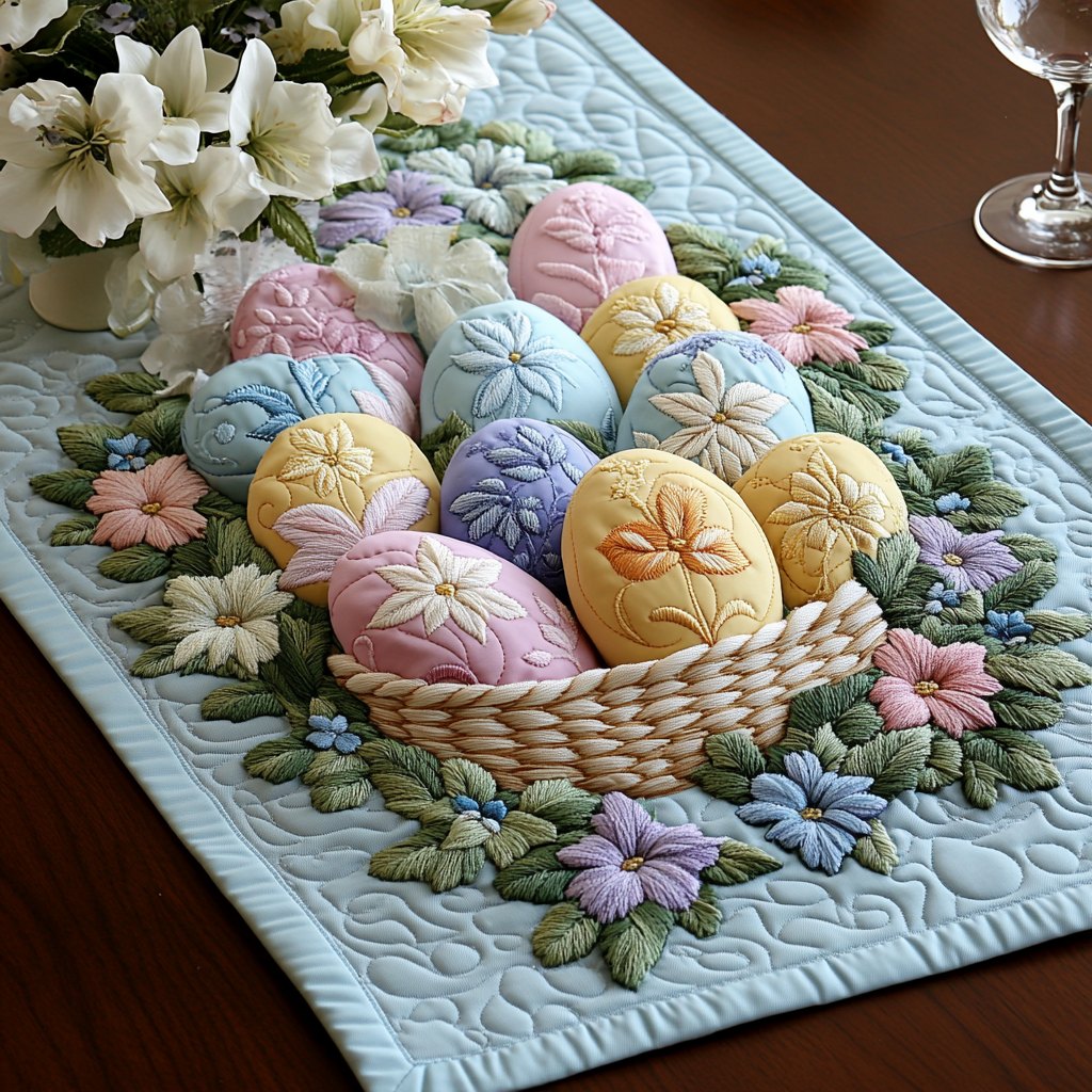 Pastel Eggs in a Woven Basket Table Runner