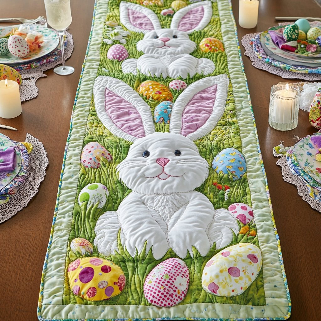 Big White Bunny with Spotted Eggs Table Runner