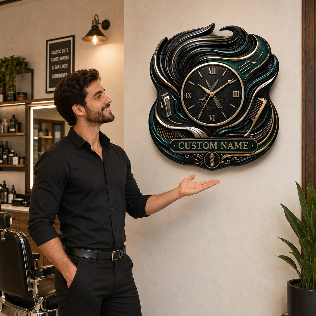 Personalized barber hair wave wall clock — personalized with a custom name