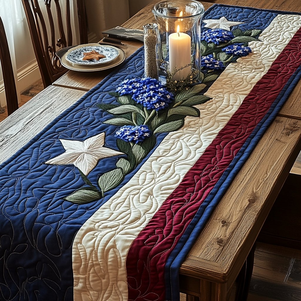 White Star with Bluebonnets on Stripes Table Runner