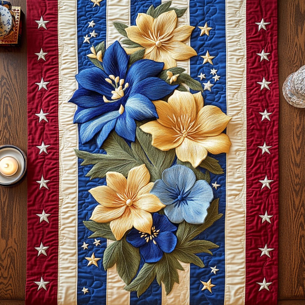 Blue and Yellow Blooms on Flag Stripes Table Runner