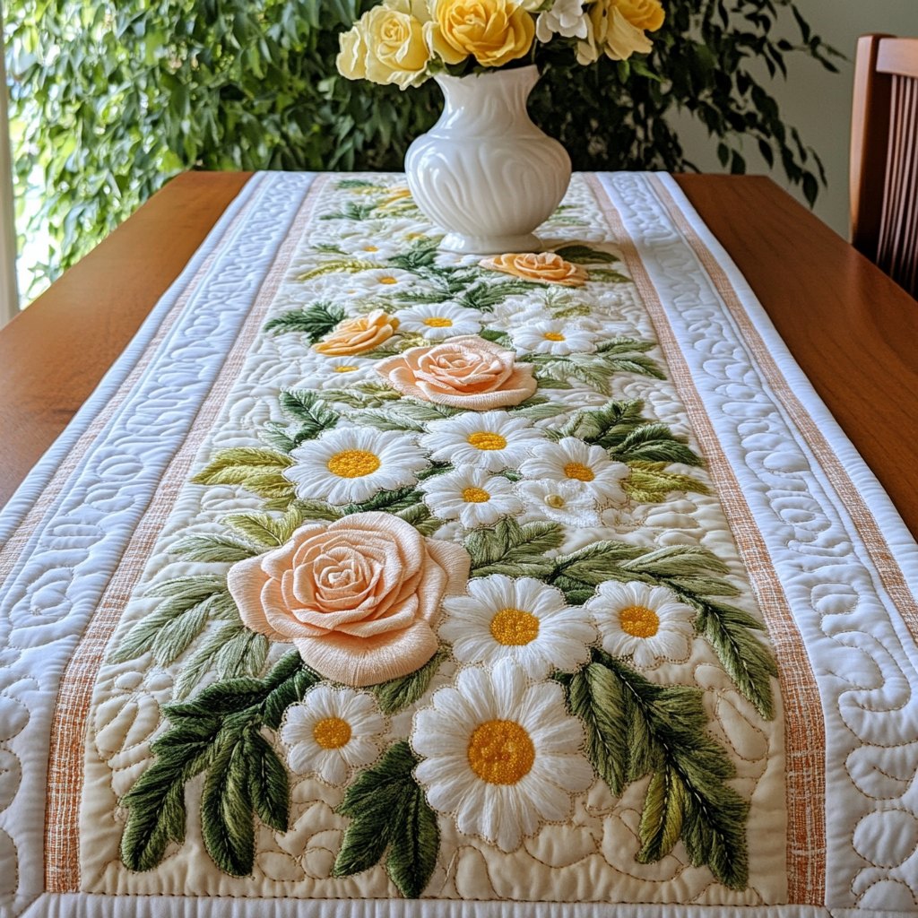 White Daisies with a Peach Rose Table Runner