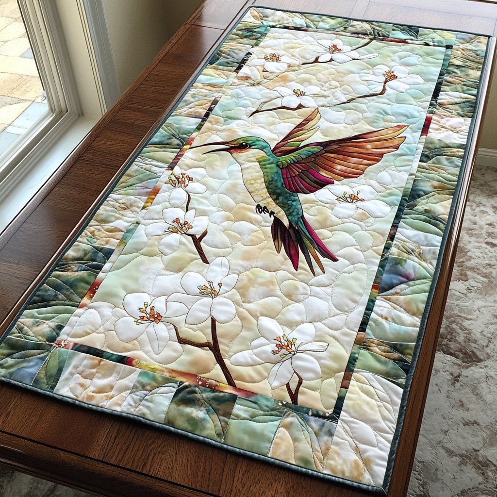 Elegant Hummingbird Hummingbird with White Blossoms Table Runner