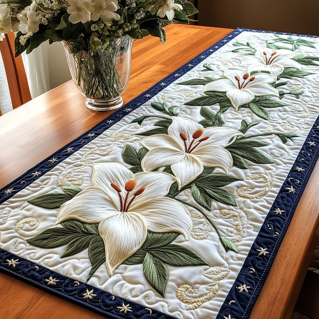 White Lilies on Green Leaves Table Runner