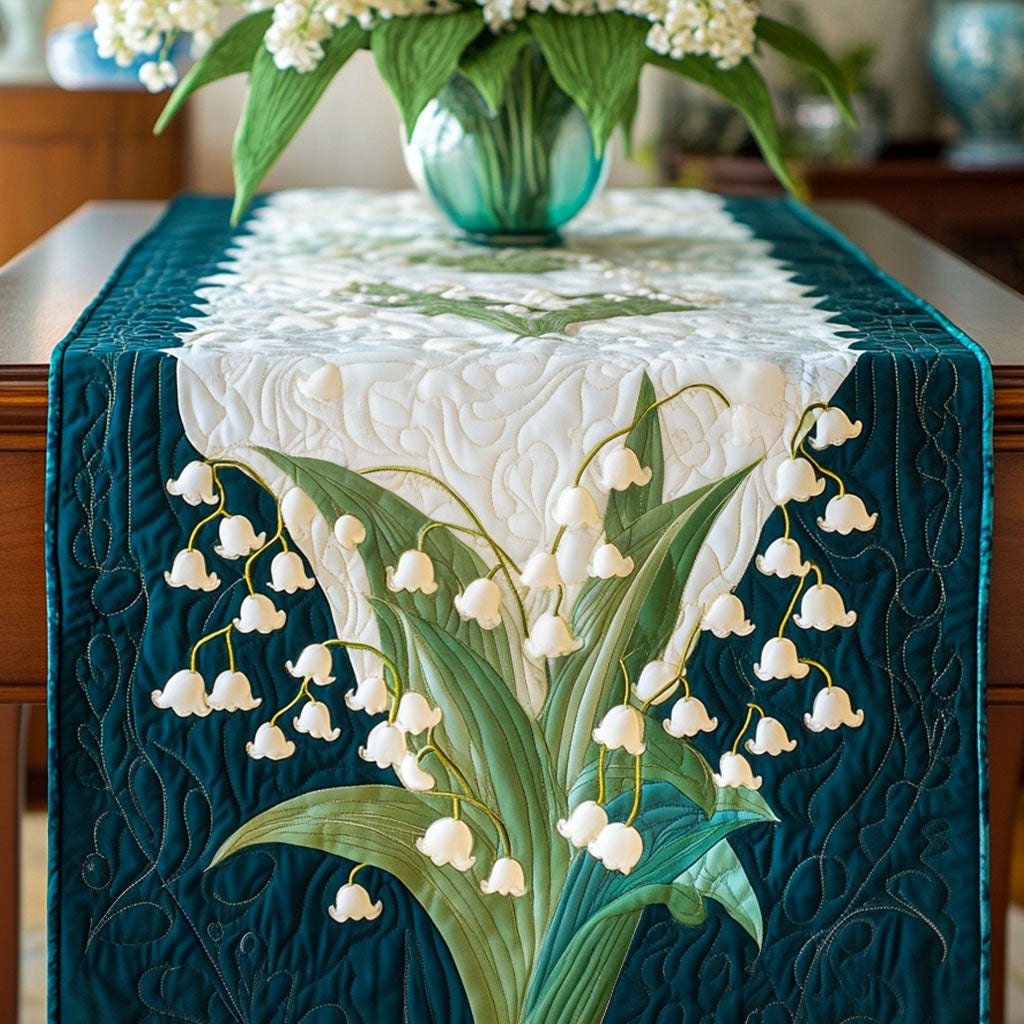 Lily of the Valley on Teal Table Runner