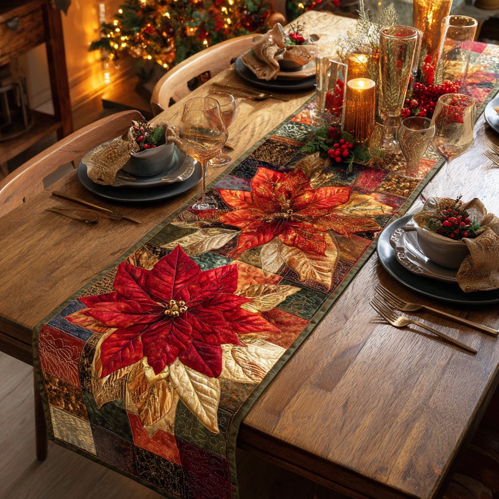 Elegant Poinsettia Scroll Table Runner