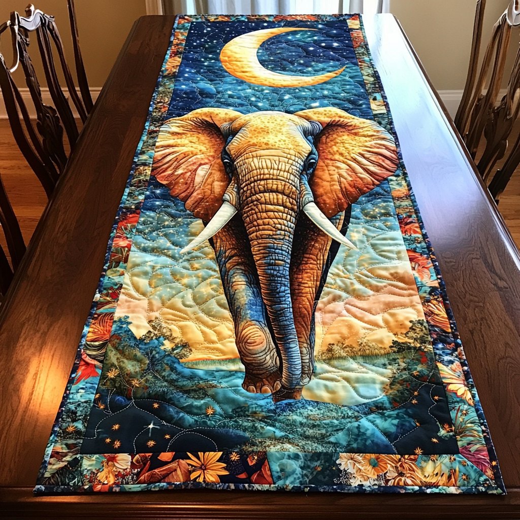 Golden Elephant in a Teal Forest Table Runner