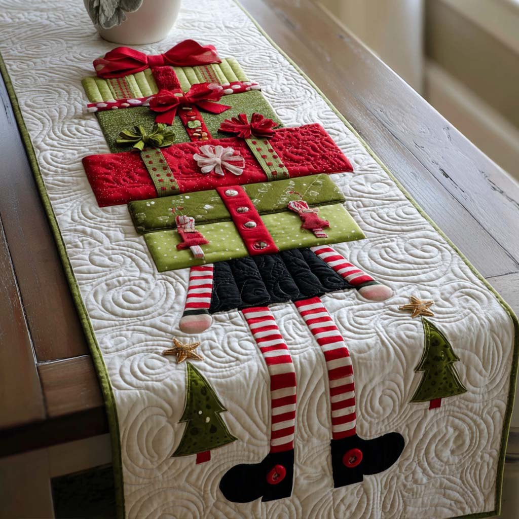 Elf Gift Stack Table Runner