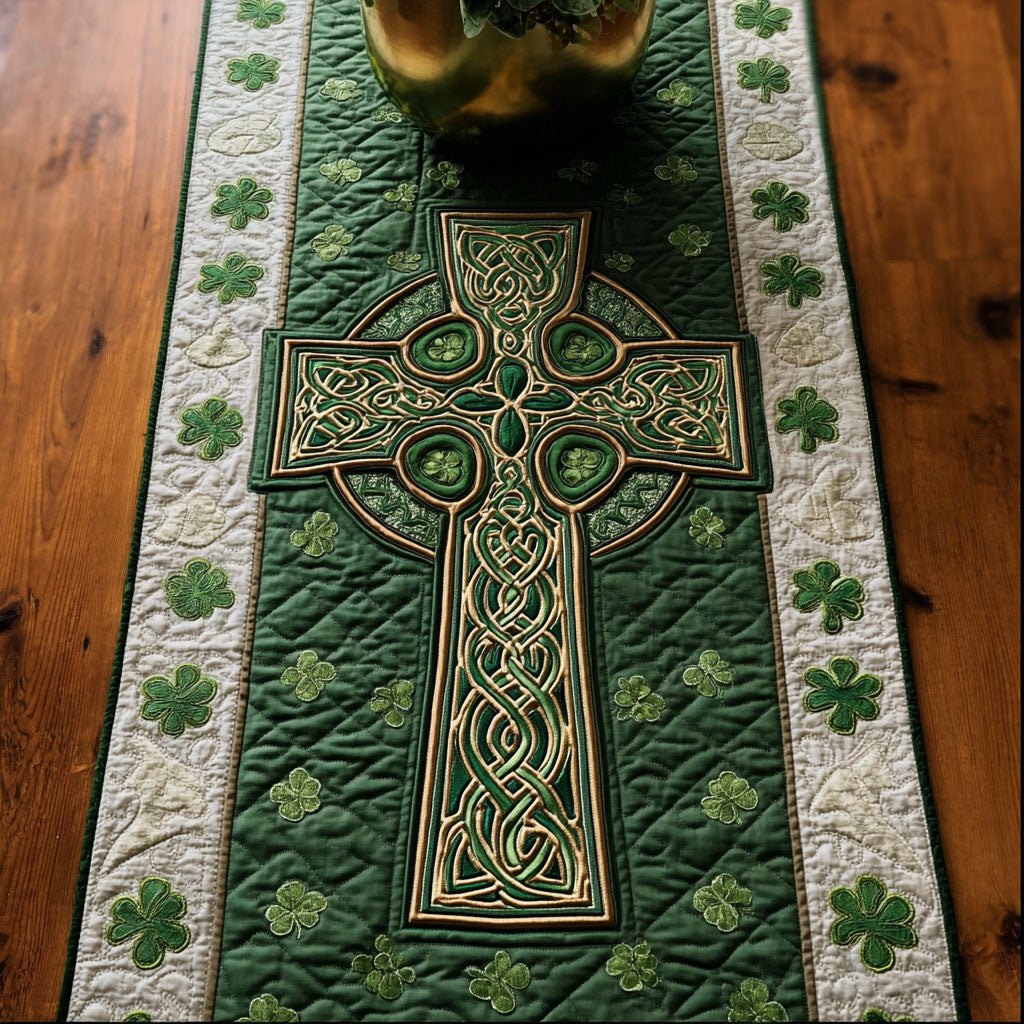 Green Celtic Cross with Shamrocks Table Runner