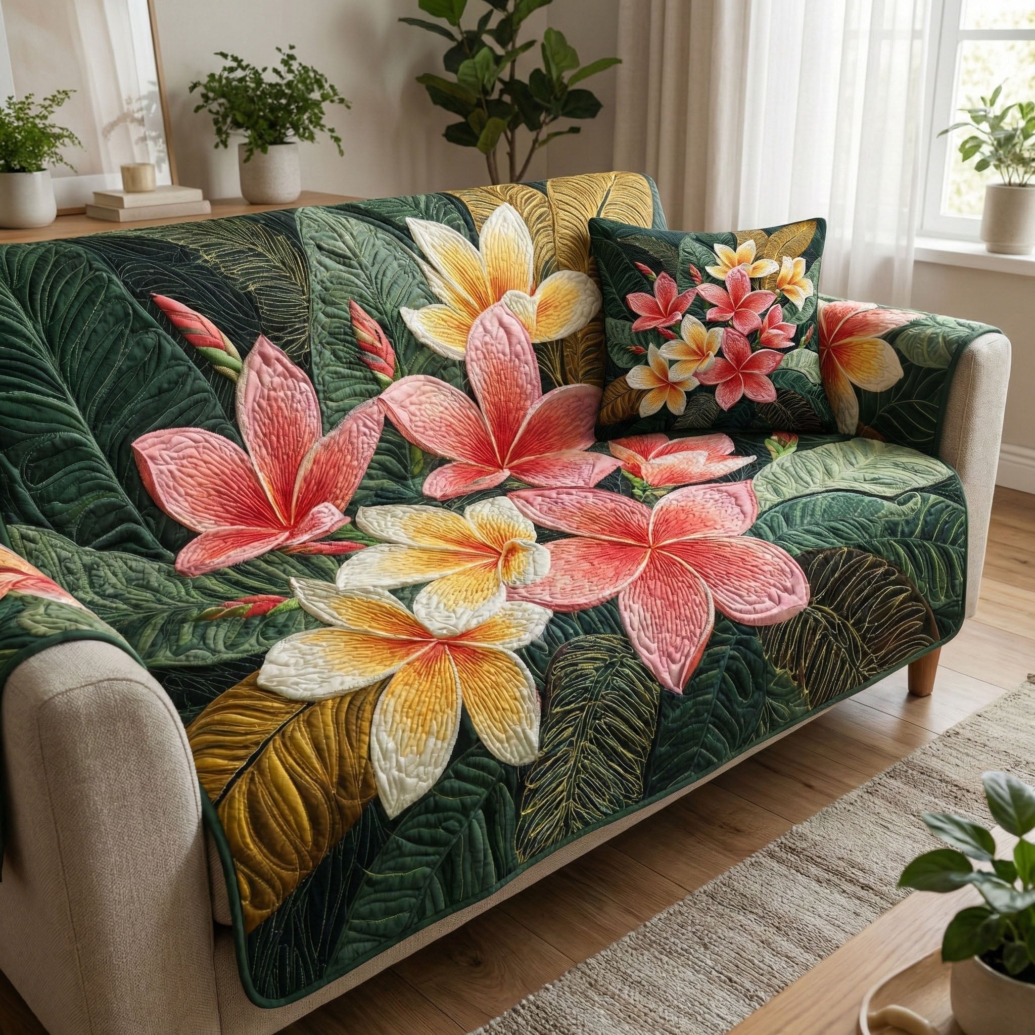 Pink Plumeria on Green Leaves Sofa Cover