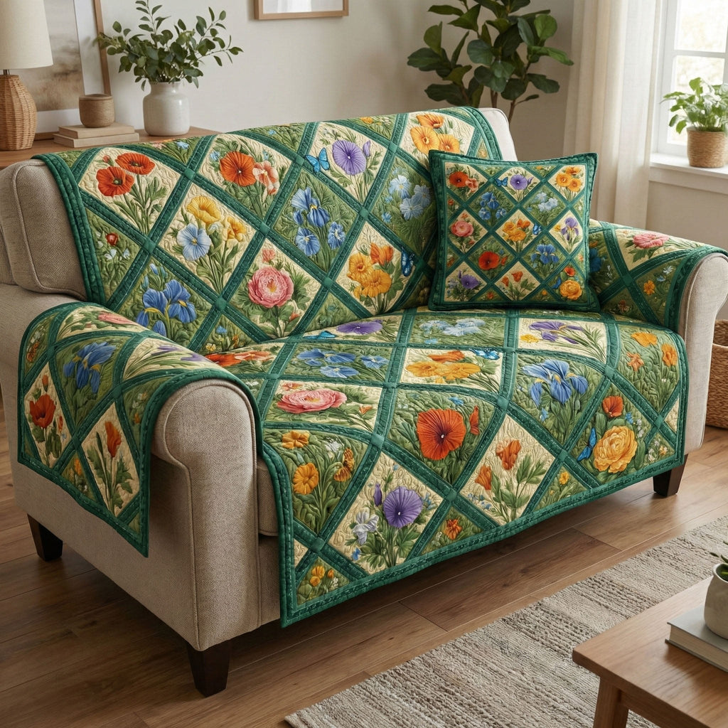 Flower Blocks in Emerald Lattice Sofa Cover