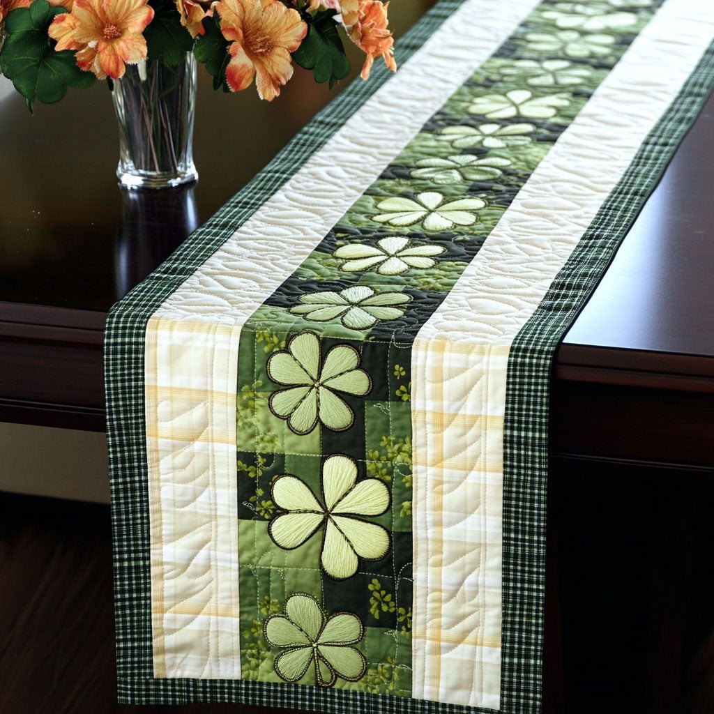 Emerald Clover Shamrocks on Cream and Green Stripes Table Runner