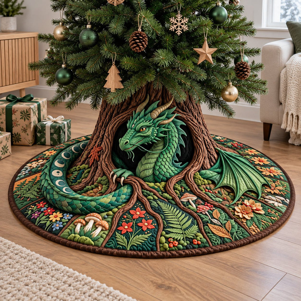 Emerald Forest Dragon Christmas Tree Skirt