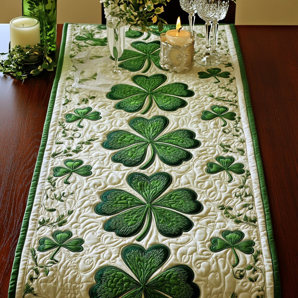 Green Shamrocks on Cream Table Runner