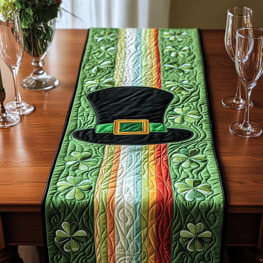 Green Top Hat with Rainbow Stripe Table Runner