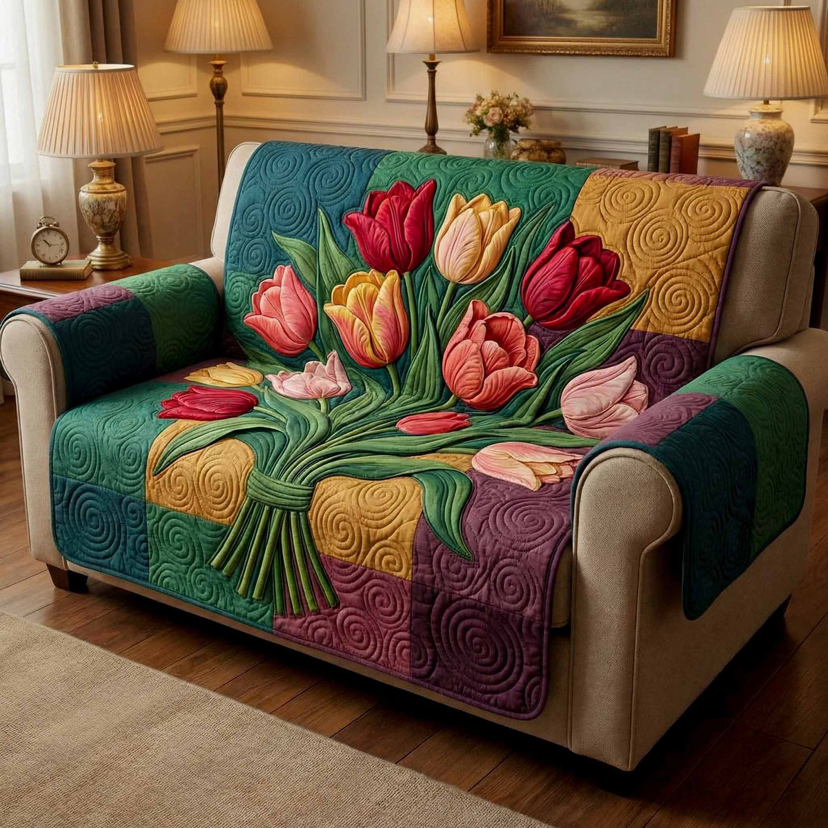 Emerald Tulips Sofa Cover