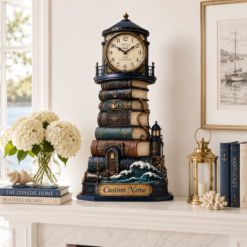 Lighthouse Book Lover Custom Name Wall Clock — personalized with a custom name