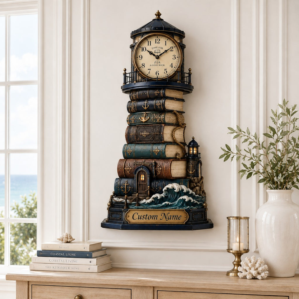 Lighthouse Book Lover Custom Name Wall Clock — personalized with a custom name