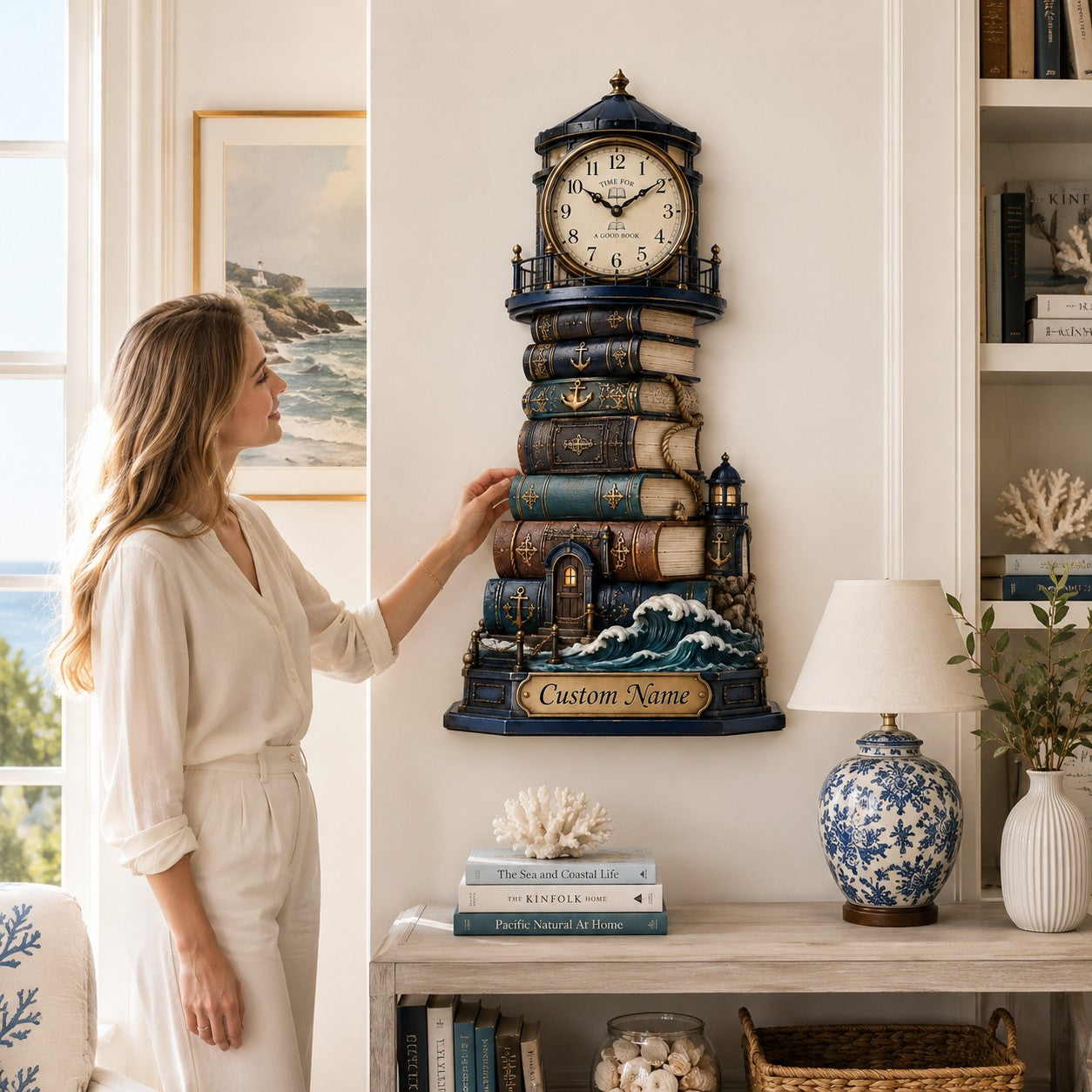 Lighthouse Book Lover Custom Name Wall Clock — personalized with a custom name
