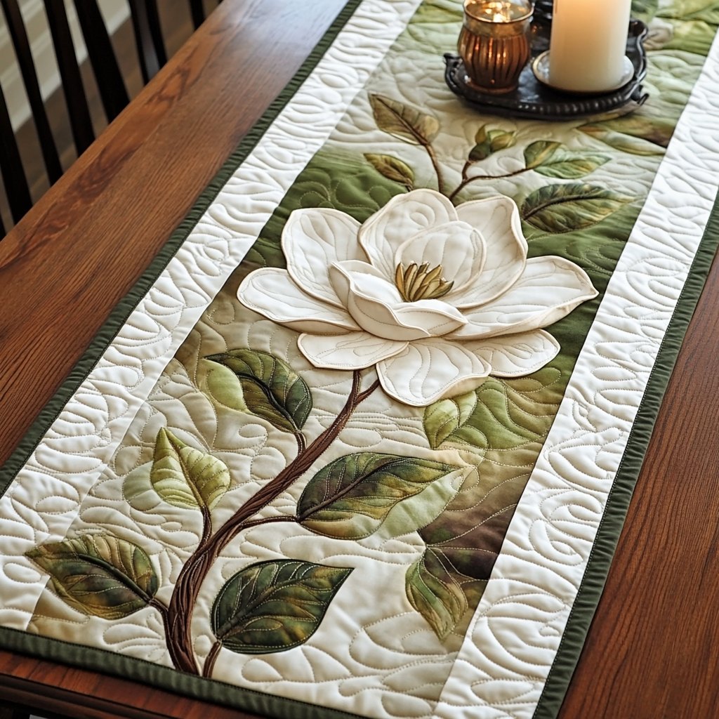 White Magnolia on Green Branch Table Runner