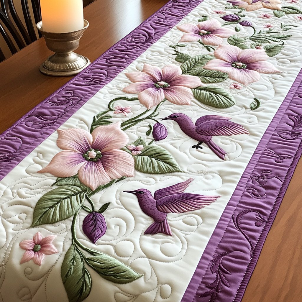 Hummingbirds with Pink Flowers and Purple Border Table Runner