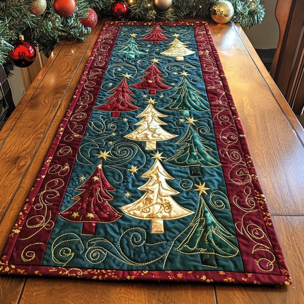 Gold and Red Christmas Trees Table Runner