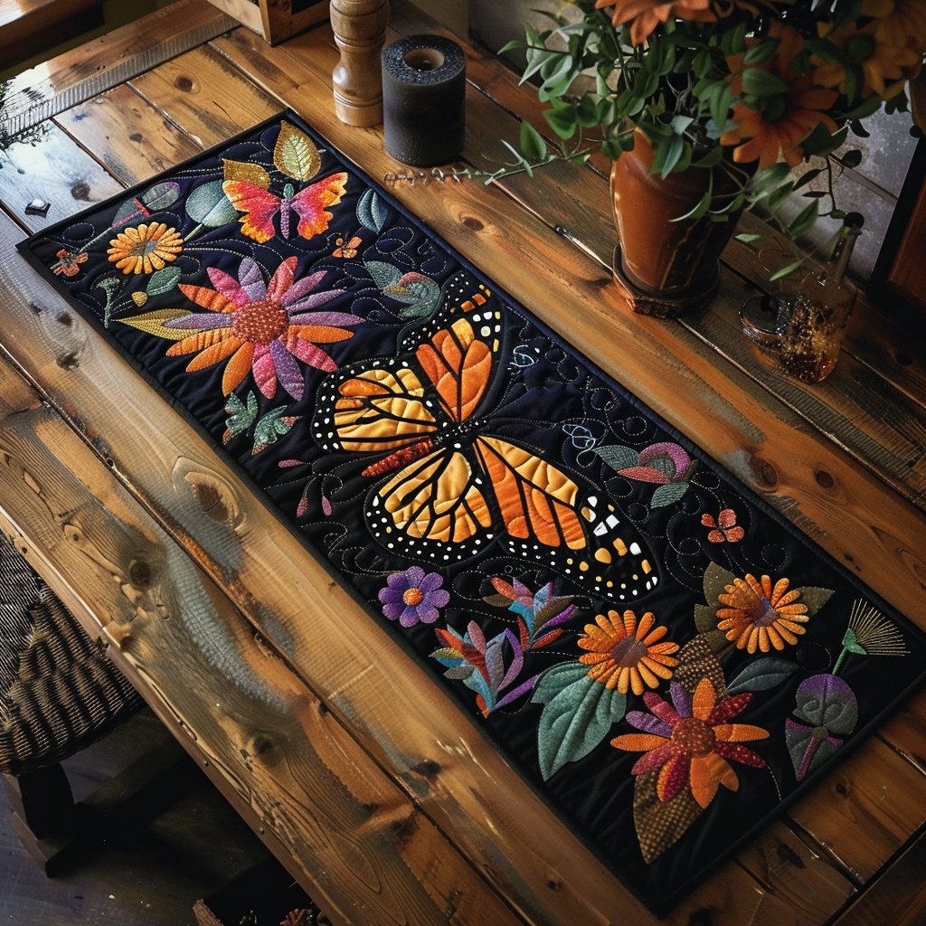 Monarch Butterfly on Navy Blooms Table Runner