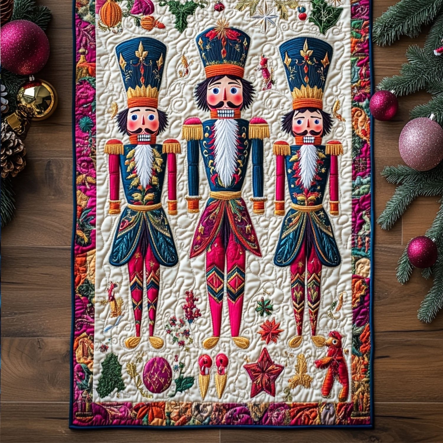 Three Nutcrackers on Cream Table Runner