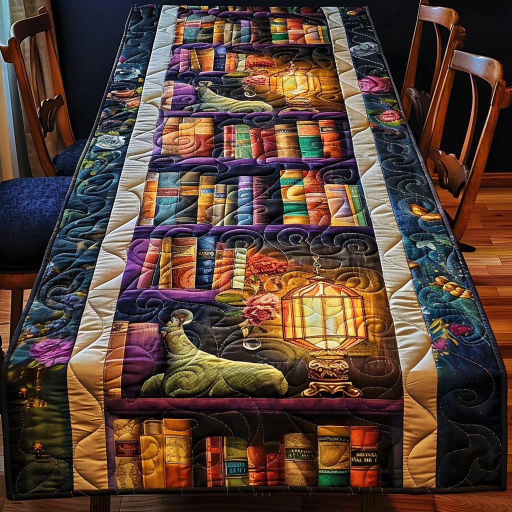 Bookshelf with a Sleeping Cat Table Runner