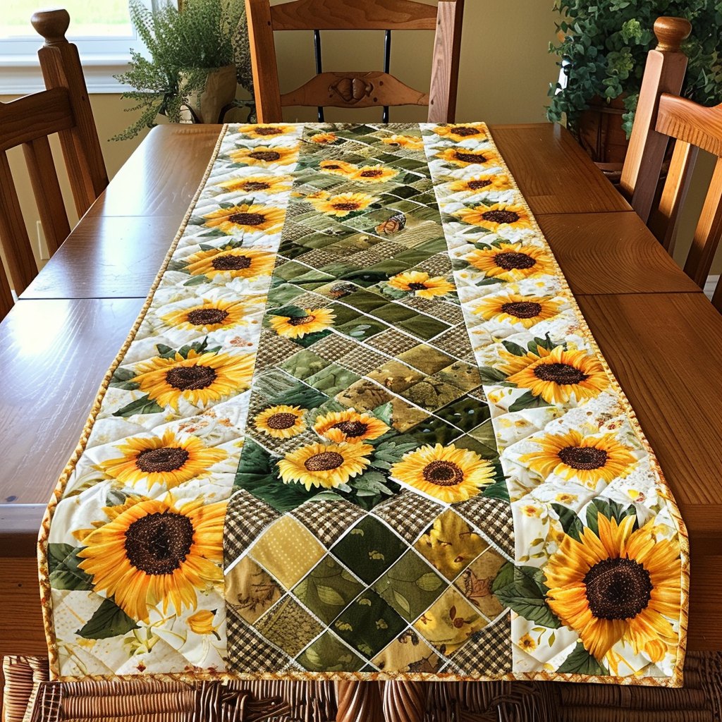 Enchanting Sunflowers Sunflowers on Green Plaid Table Runner