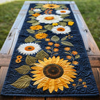 Big Sunflower and Daisies on Navy Table Runner