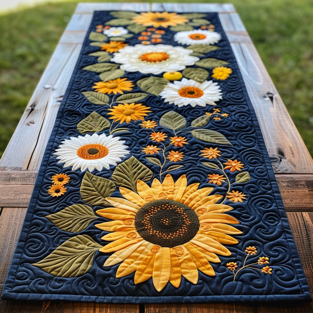 Big Sunflower and Daisies on Navy Table Runner