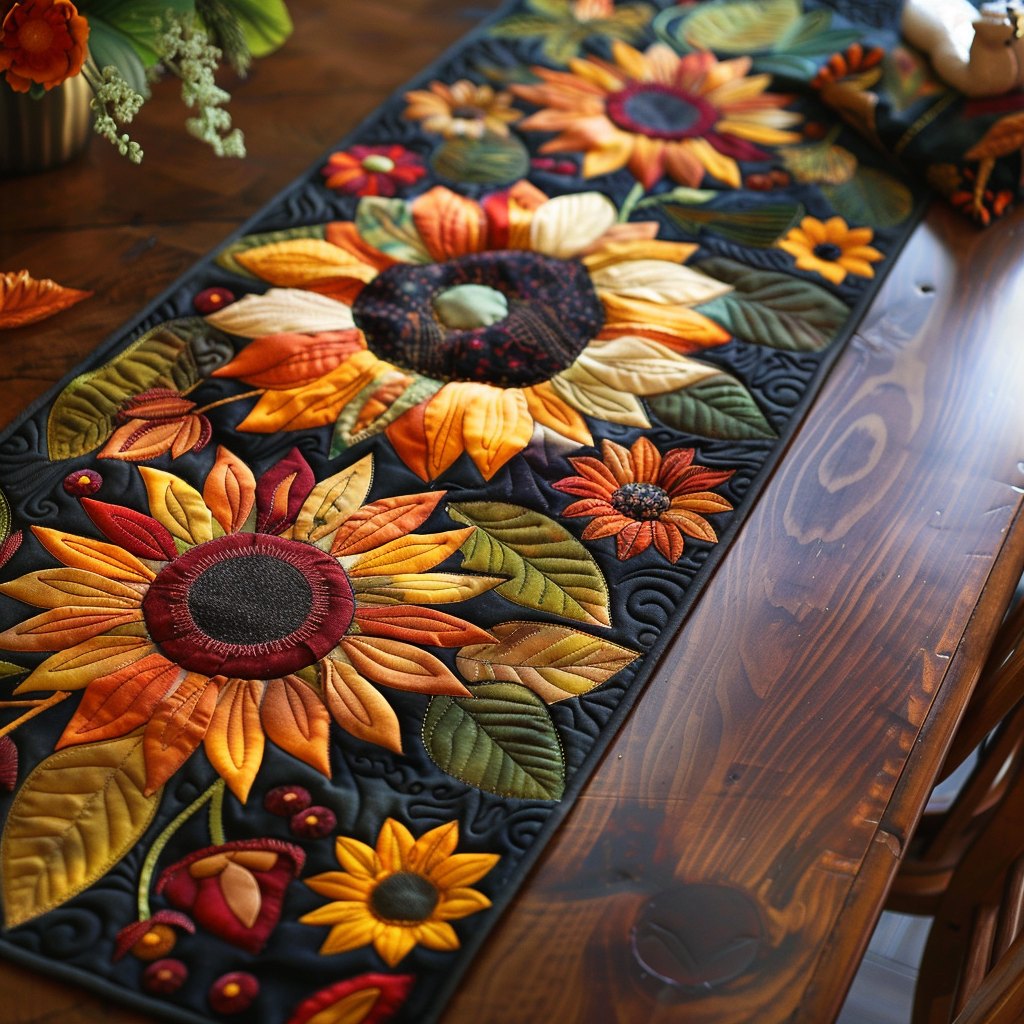 Autumn Sunflowers on Golden Swirls Table Runner