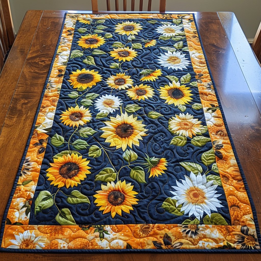 Sunflowers and Daisies on Navy Field Table Runner