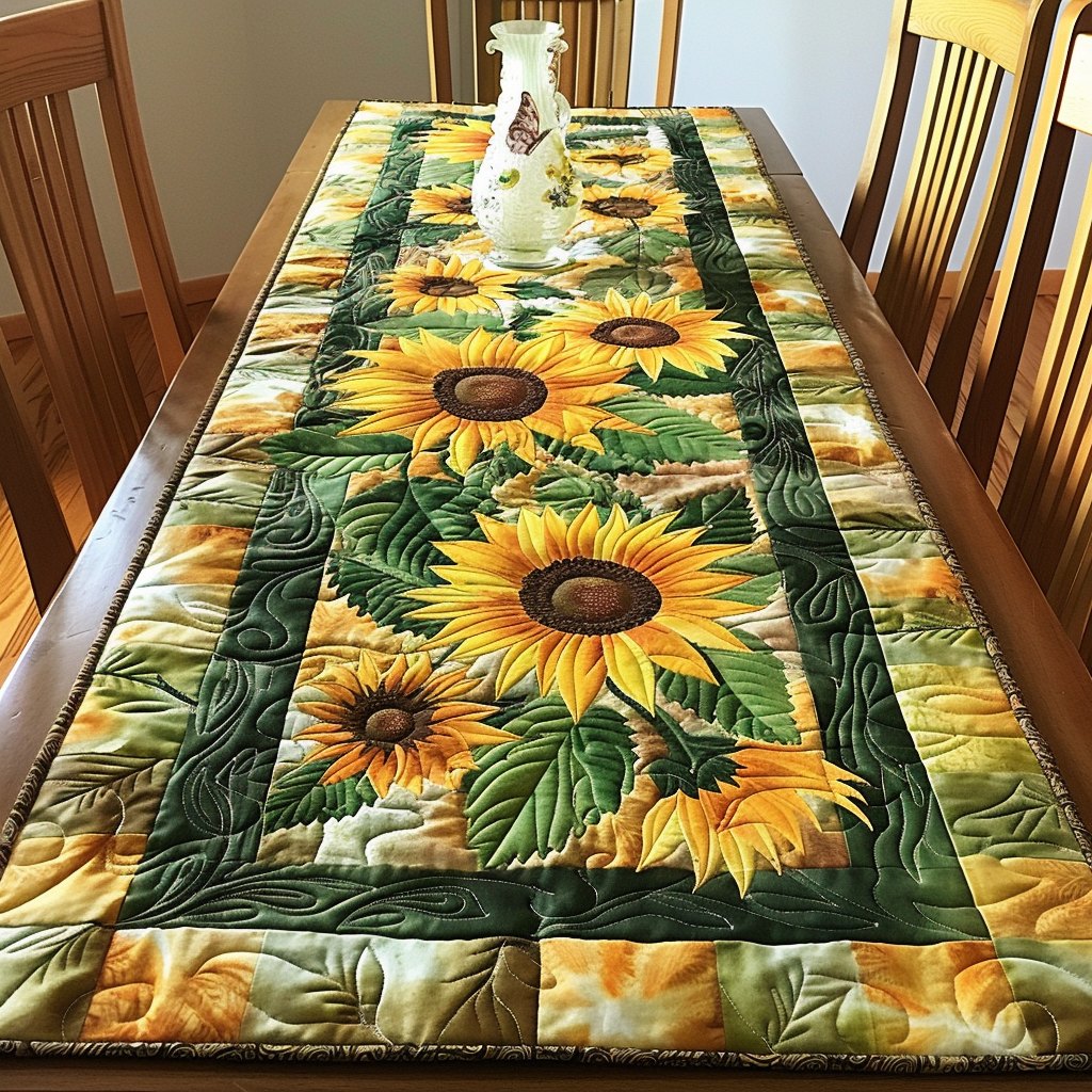 Sunflowers with Green Leaves and Gold Border Table Runner