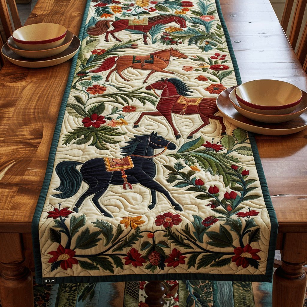 Dark Horse with Flowers on Cream Table Runner