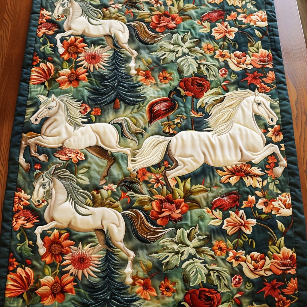 White Horses Among Orange Flowers Table Runner