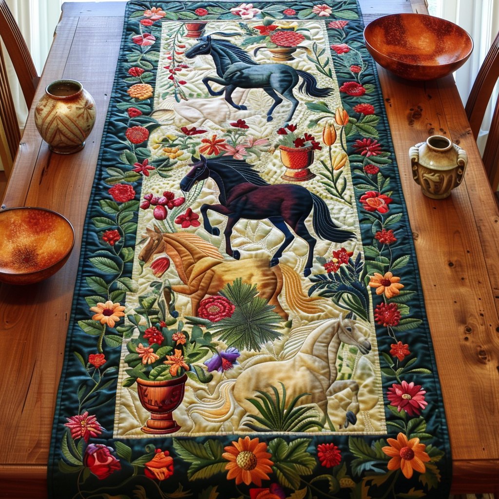 Black Horse with Flower Pots Table Runner