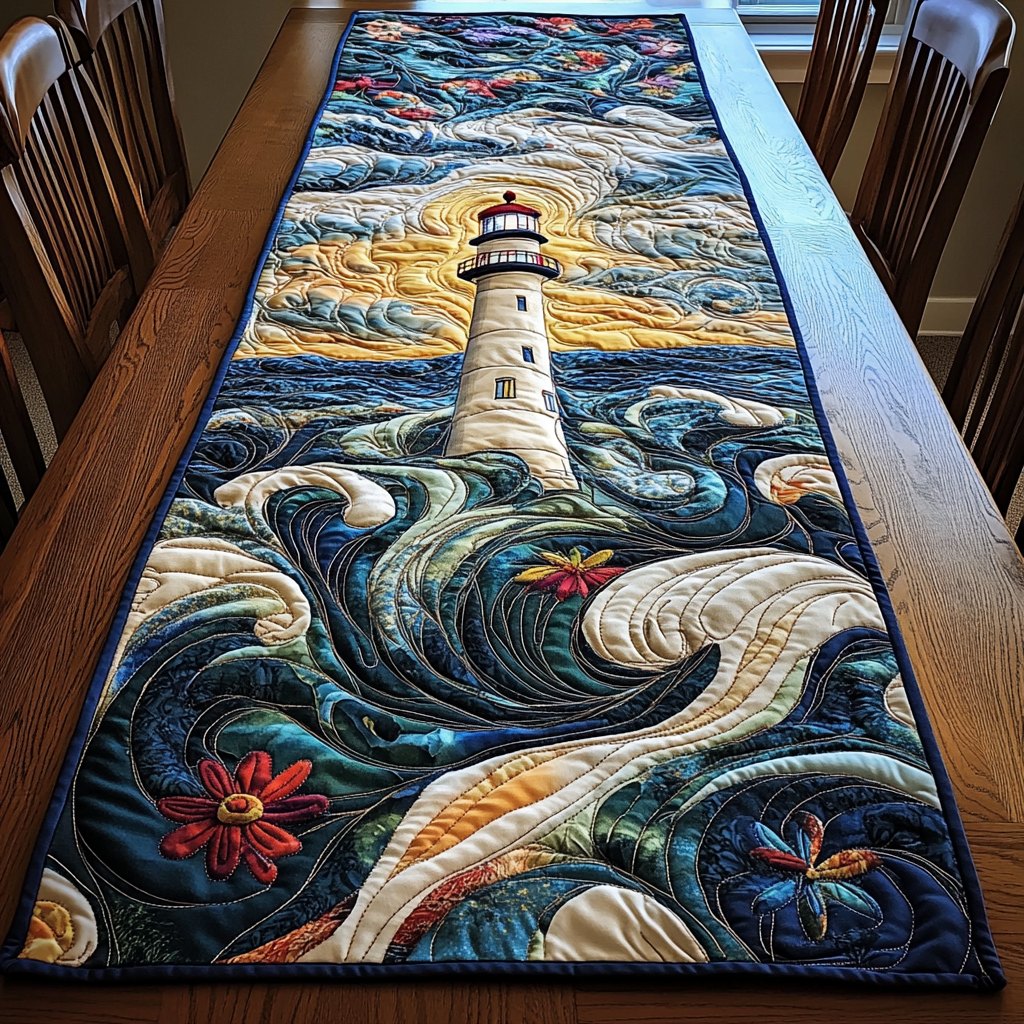 Lighthouse in Swirling Green Waves Table Runner