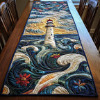 Lighthouse in Swirling Green Waves Table Runner