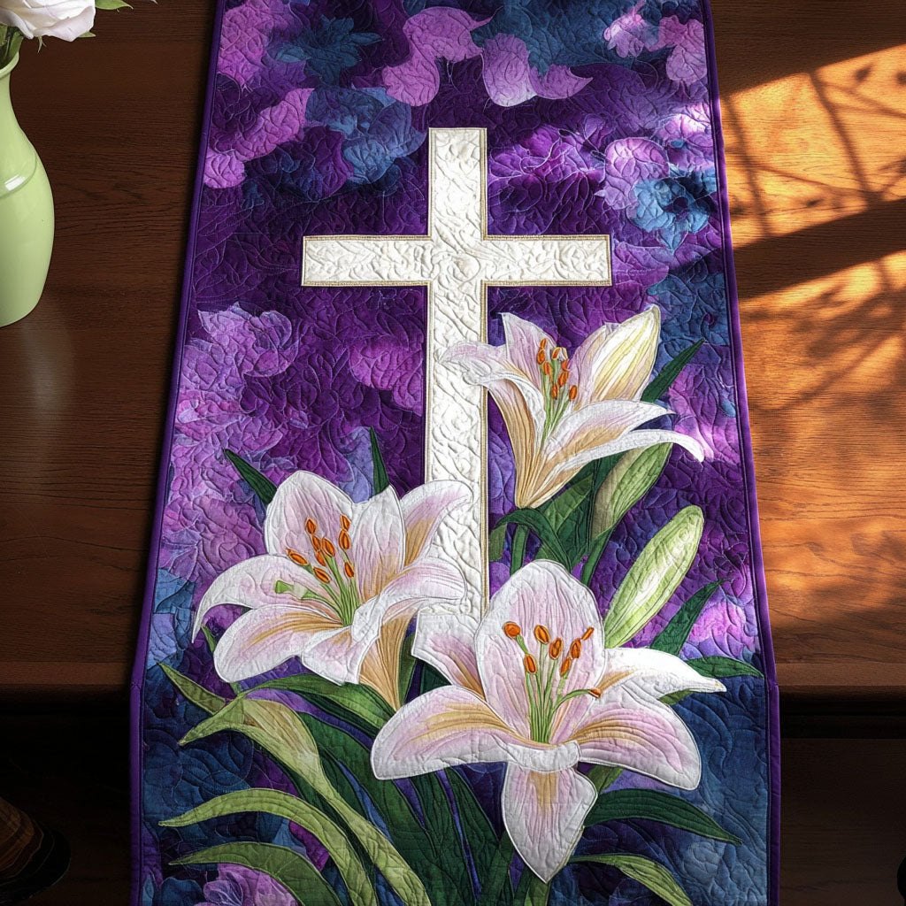 White Cross with Lilies on Purple Table Runner