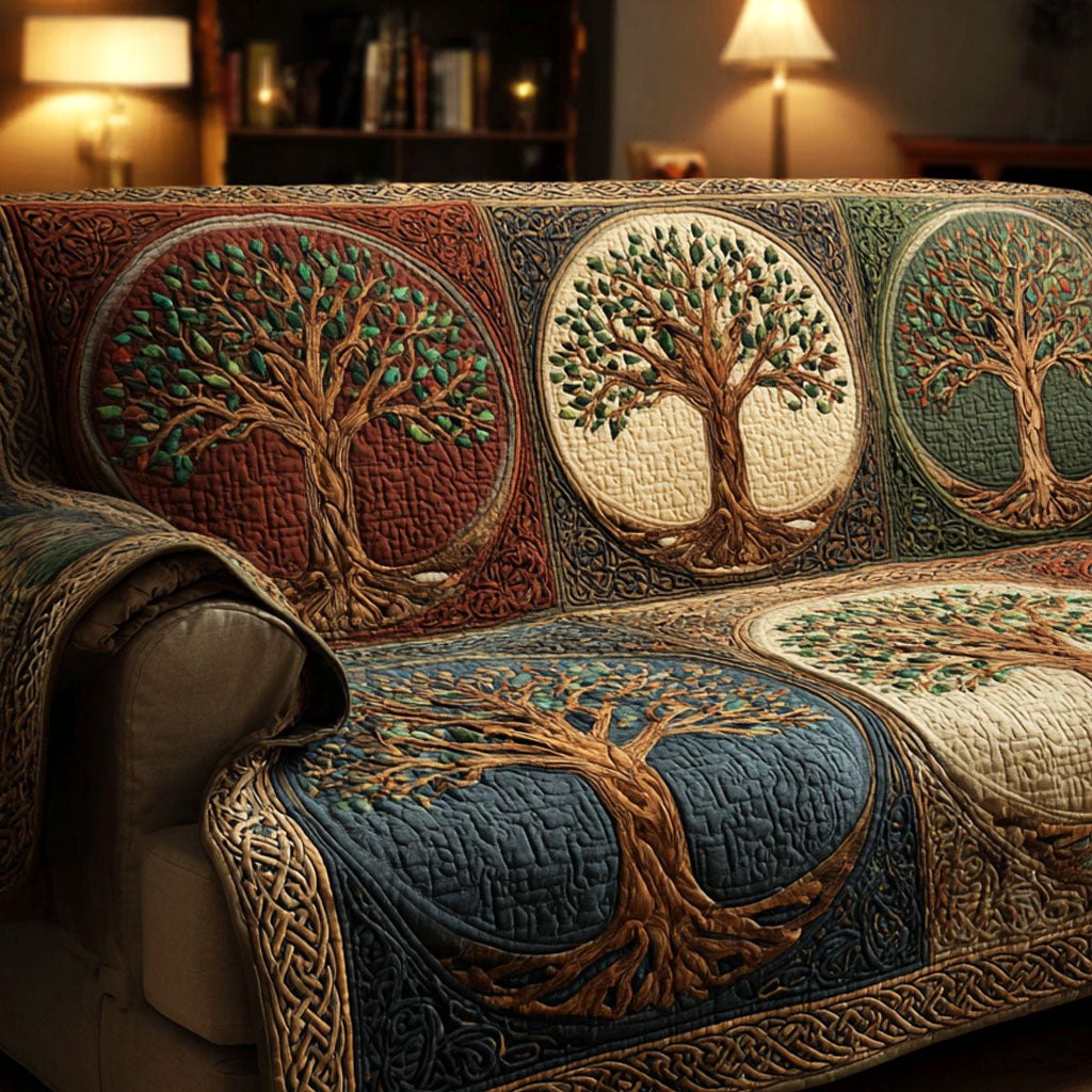 Tree of Life in Green Medallions Sofa Cover
