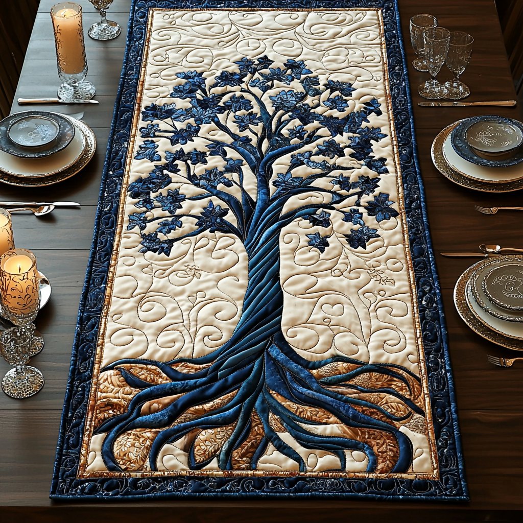 Blue Tree of Life on Cream Table Runner