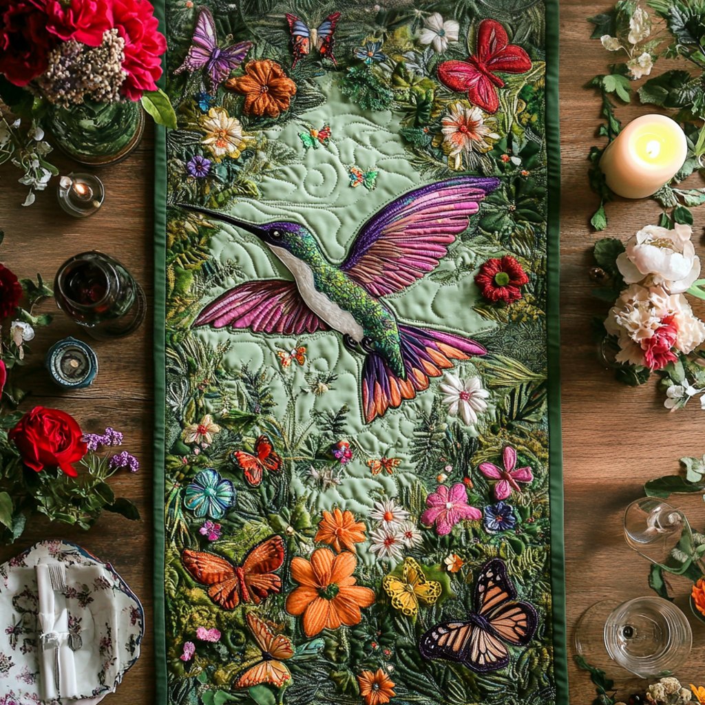 Hummingbird with Butterflies on Green Table Runner