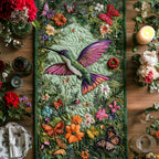 Hummingbird with Butterflies on Green Table Runner