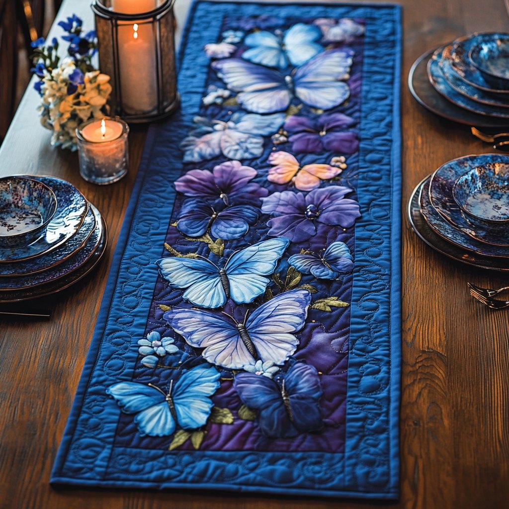 Purple Butterflies on Navy Panel Table Runner