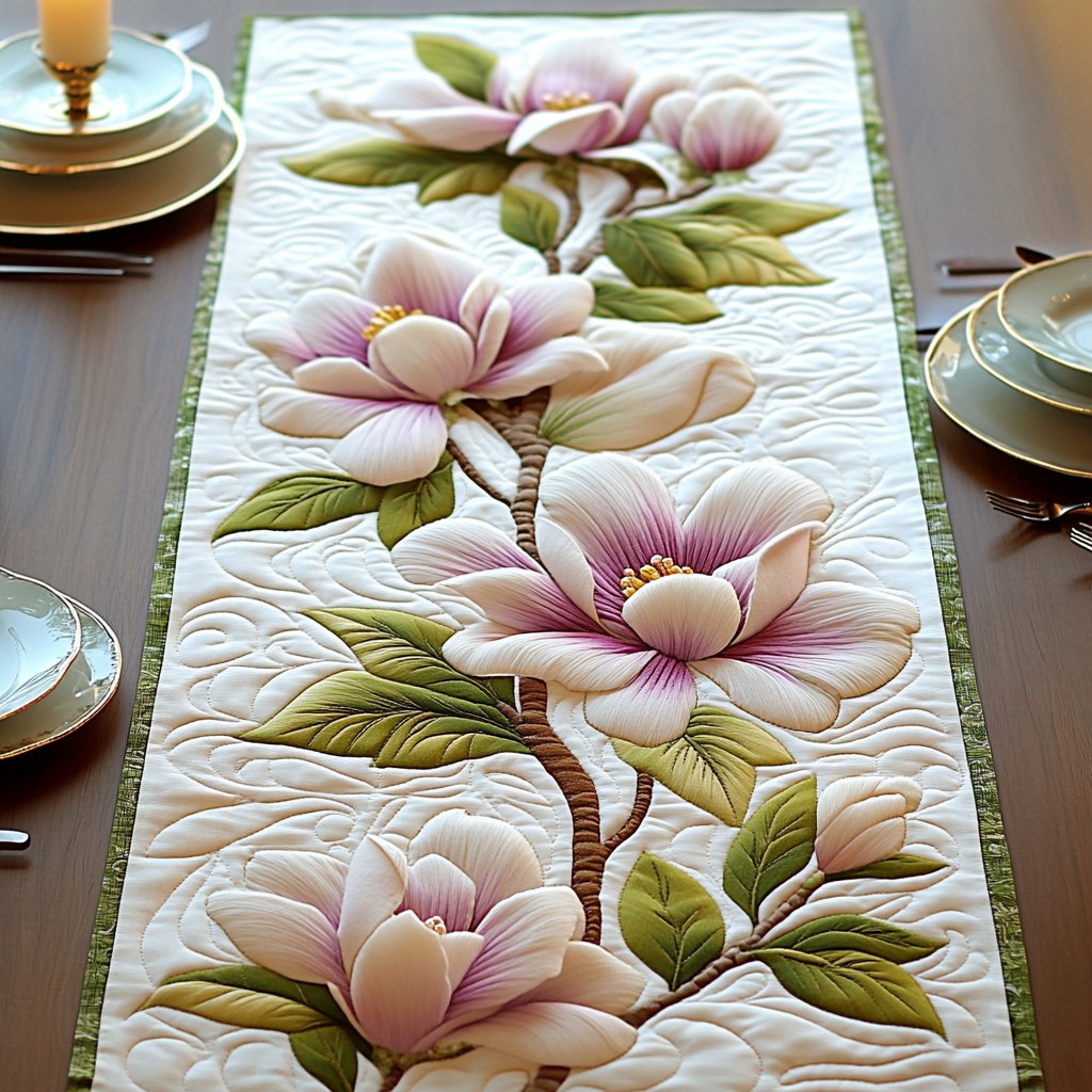 Pink Magnolia Branch on Cream Table Runner