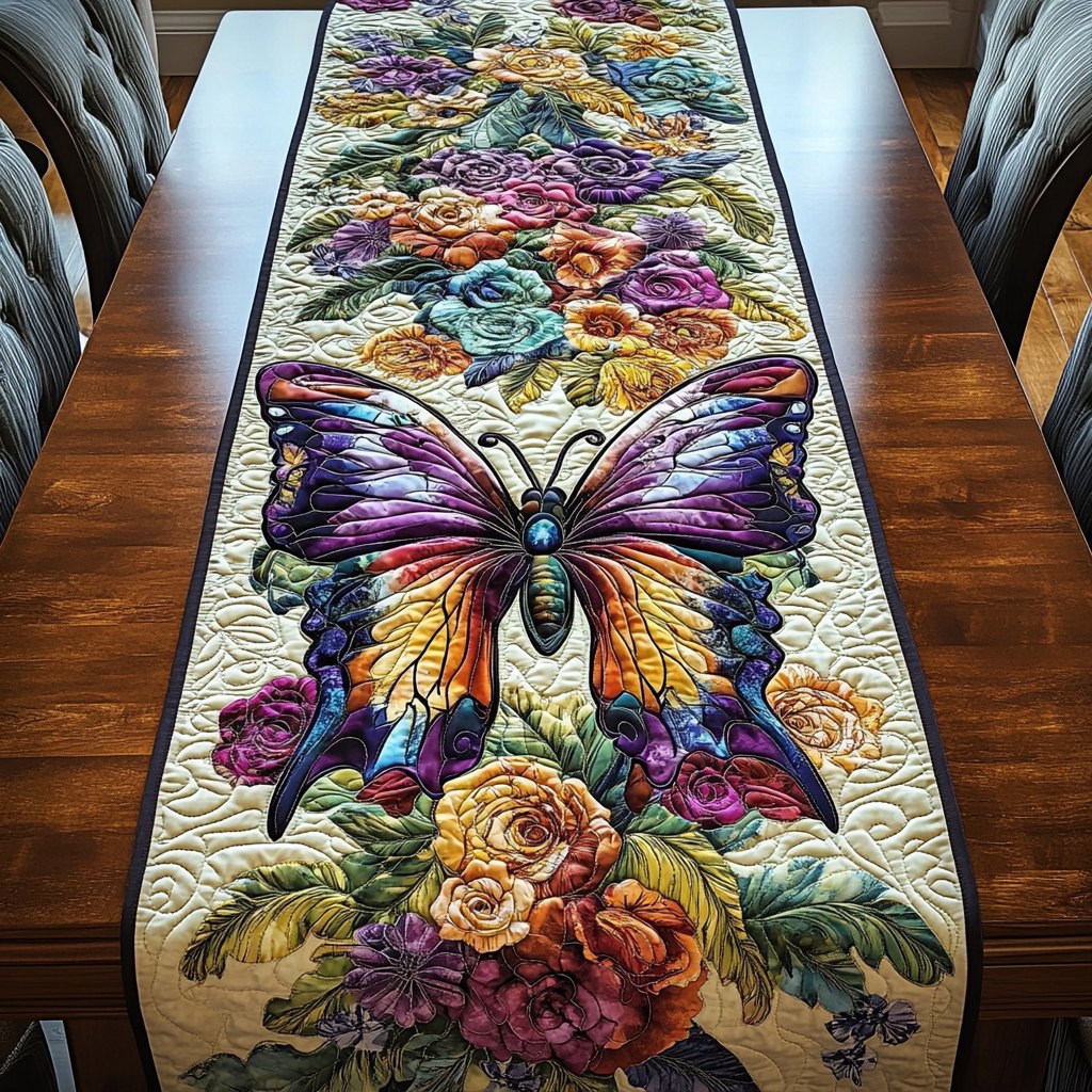 Large Butterfly Over Autumn Roses Table Runner