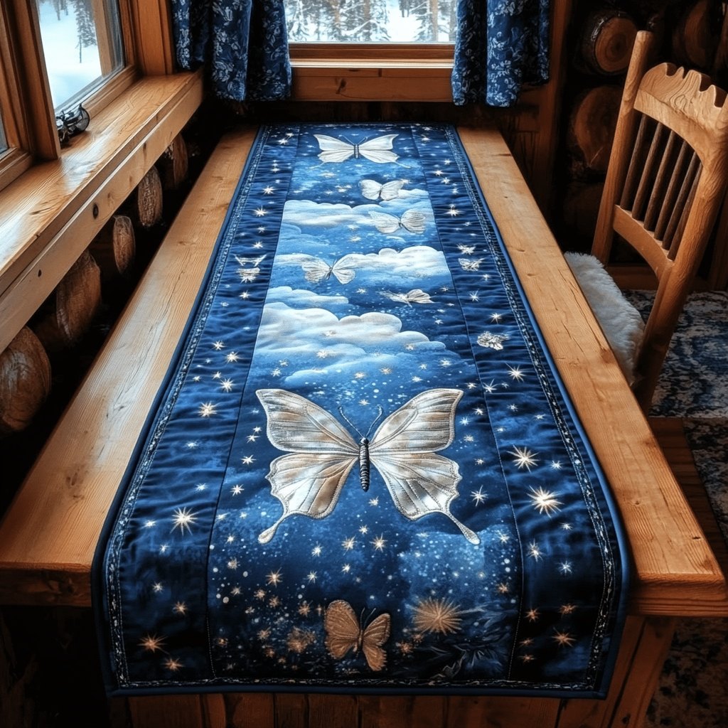 White Butterflies in a Starry Sky Table Runner