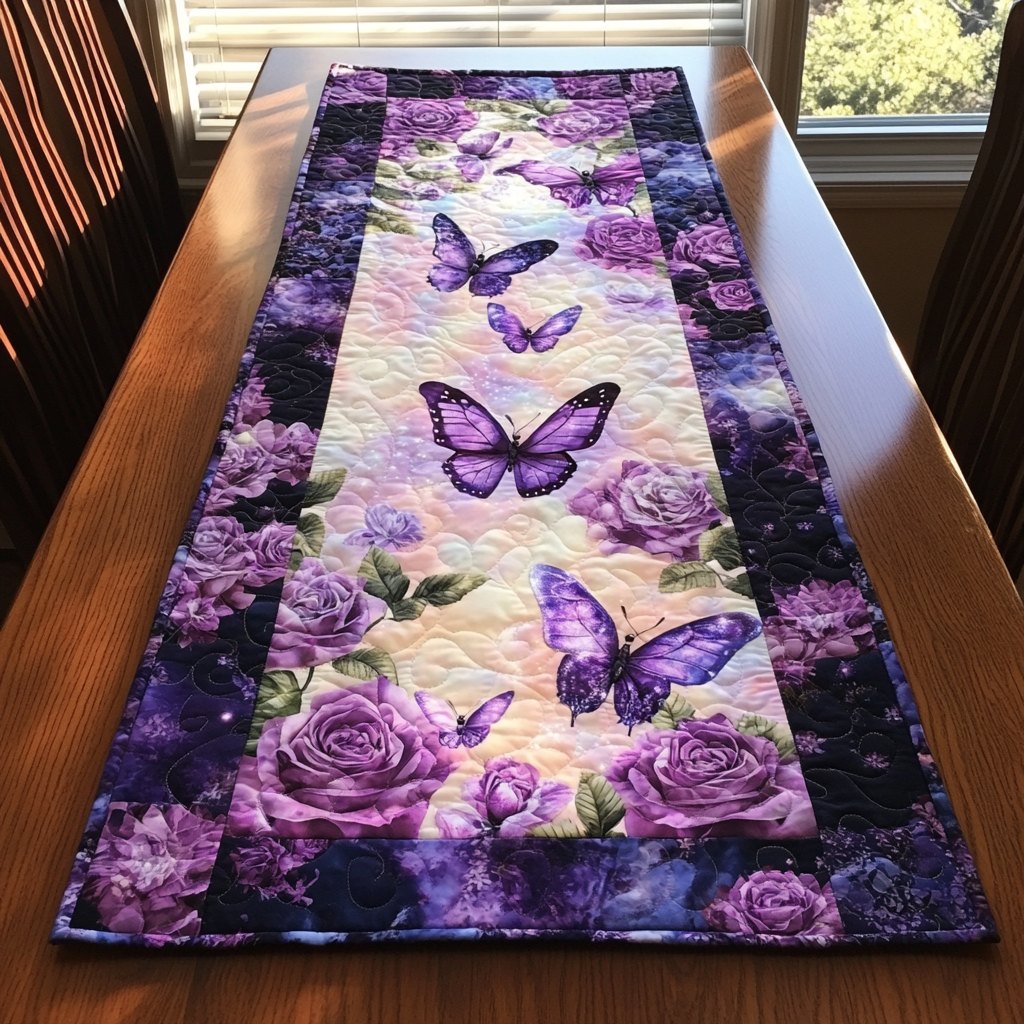 Purple Butterflies with Purple Roses Table Runner